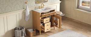 English Elm Video 30 Inch Freestanding Bathroom Vanity Rubberwood Legs Ceramic Sink Soft Close Storage N759P435704N