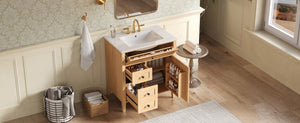 English Elm Video 30 Inch Freestanding Bathroom Vanity Rubberwood Legs Ceramic Sink Soft Close Storage N759P435704N