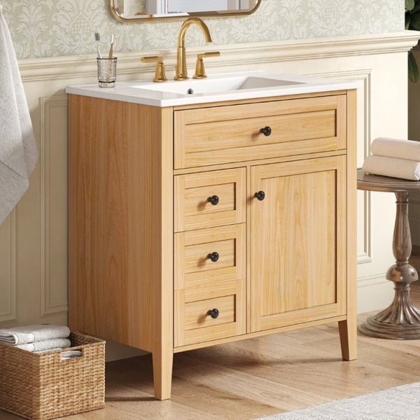 English Elm Video 30 Inch Freestanding Bathroom Vanity Rubberwood Legs Ceramic Sink Soft Close Storage N759P435704N