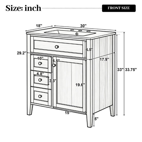 English Elm Video 30 Inch Freestanding Bathroom Vanity Rubberwood Legs Ceramic Sink Soft Close Storage N759P435704N