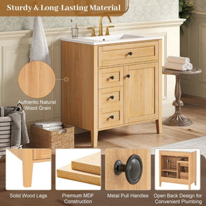 English Elm Video 30 Inch Freestanding Bathroom Vanity Rubberwood Legs Ceramic Sink Soft Close Storage N759P435704N