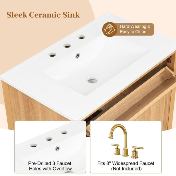 English Elm Video 30 Inch Freestanding Bathroom Vanity Rubberwood Legs Ceramic Sink Soft Close Storage N759P435704N