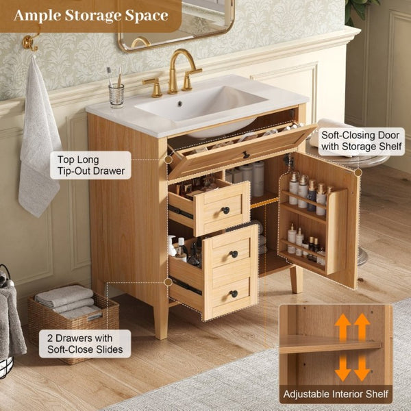 English Elm Video 30 Inch Freestanding Bathroom Vanity Rubberwood Legs Ceramic Sink Soft Close Storage N759P435704N