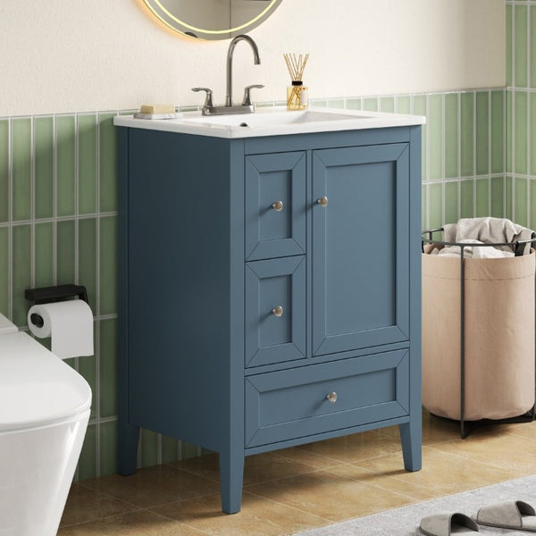 English Elm Video 24 Inch Freestanding Bathroom Vanity with Ceramic Sink and Rubberwood Legs Blue Gray N759P437580C