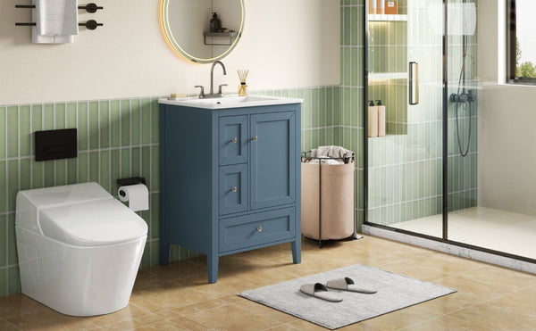 English Elm Video 24 Inch Freestanding Bathroom Vanity with Ceramic Sink and Rubberwood Legs Blue Gray N759P437580C