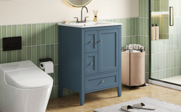 English Elm Video 24 Inch Freestanding Bathroom Vanity with Ceramic Sink and Rubberwood Legs Blue Gray N759P437580C