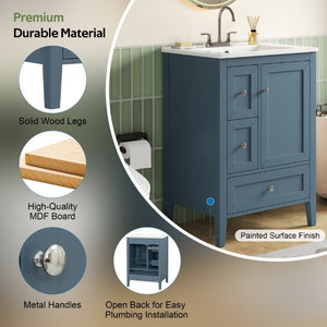 English Elm Video 24 Inch Freestanding Bathroom Vanity with Ceramic Sink and Rubberwood Legs Blue Gray N759P437580C
