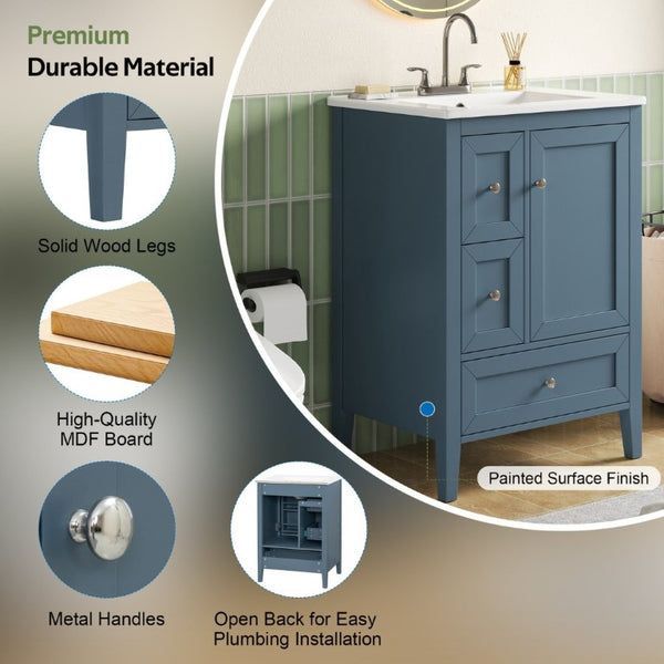 English Elm Video 24 Inch Freestanding Bathroom Vanity with Ceramic Sink and Rubberwood Legs Blue Gray N759P437580C