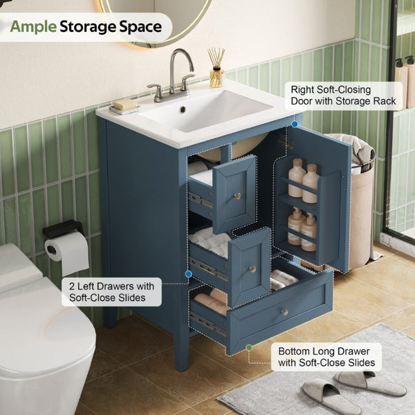 English Elm Video 24 Inch Freestanding Bathroom Vanity with Ceramic Sink and Rubberwood Legs Blue Gray N759P437580C