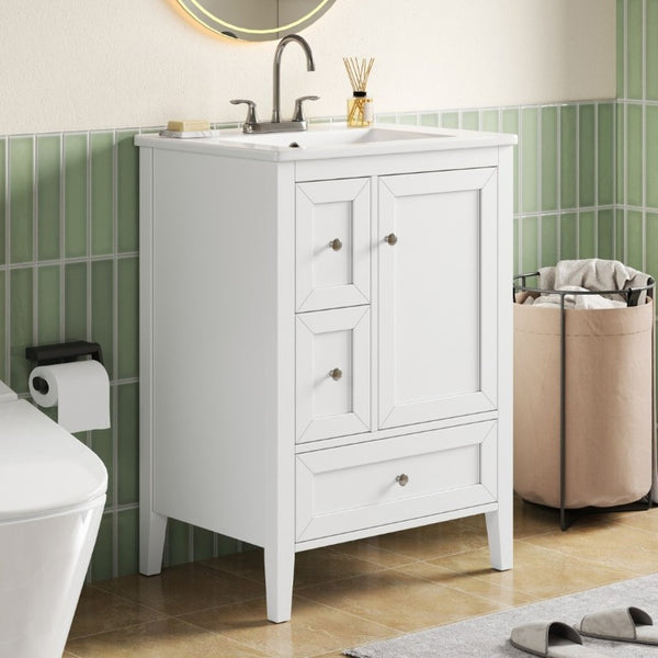 English Elm Video 24 Inch Freestanding Bathroom Vanity with Ceramic Sink and Rubberwood Legs White N759P437580K