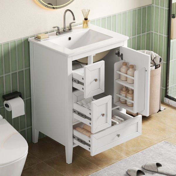English Elm Video 24 Inch Freestanding Bathroom Vanity with Ceramic Sink and Rubberwood Legs White N759P437580K