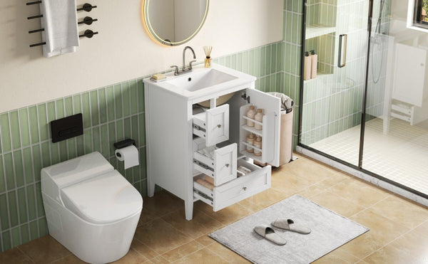 English Elm Video 24 Inch Freestanding Bathroom Vanity with Ceramic Sink and Rubberwood Legs White N759P437580K