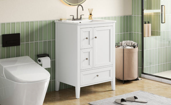 English Elm Video 24 Inch Freestanding Bathroom Vanity with Ceramic Sink and Rubberwood Legs White N759P437580K
