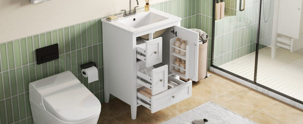 English Elm Video 24 Inch Freestanding Bathroom Vanity with Ceramic Sink and Rubberwood Legs White N759P437580K