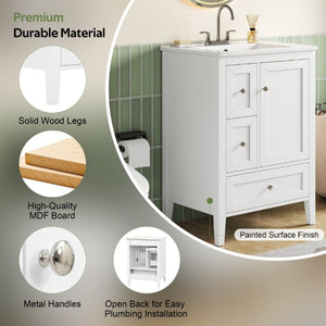 English Elm Video 24 Inch Freestanding Bathroom Vanity with Ceramic Sink and Rubberwood Legs White N759P437580K