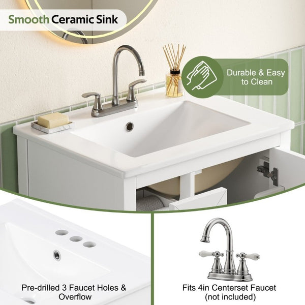 English Elm Video 24 Inch Freestanding Bathroom Vanity with Ceramic Sink and Rubberwood Legs White N759P437580K