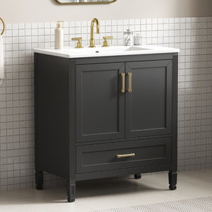 English Elm Video 30 Inch Fluted Bathroom Vanity with Ceramic Sink Soft Close Storage Gold Hardware Black N759P437582B