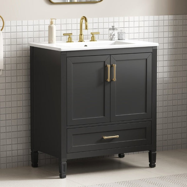 English Elm Video 30 Inch Fluted Bathroom Vanity with Ceramic Sink Soft Close Storage Gold Hardware Black N759P437582B