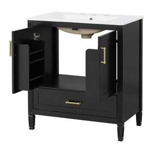 English Elm Video 30 Inch Fluted Bathroom Vanity with Ceramic Sink Soft Close Storage Gold Hardware Black N759P437582B