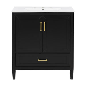 English Elm Video 30 Inch Fluted Bathroom Vanity with Ceramic Sink Soft Close Storage Gold Hardware Black N759P437582B