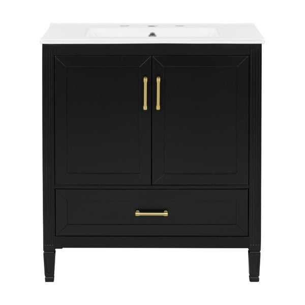 English Elm Video 30 Inch Fluted Bathroom Vanity with Ceramic Sink Soft Close Storage Gold Hardware Black N759P437582B