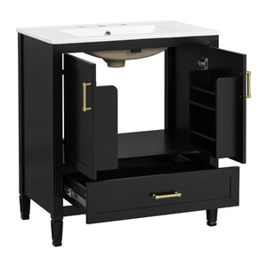 English Elm Video 30 Inch Fluted Bathroom Vanity with Ceramic Sink Soft Close Storage Gold Hardware Black N759P437582B
