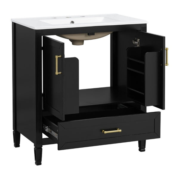 English Elm Video 30 Inch Fluted Bathroom Vanity with Ceramic Sink Soft Close Storage Gold Hardware Black N759P437582B
