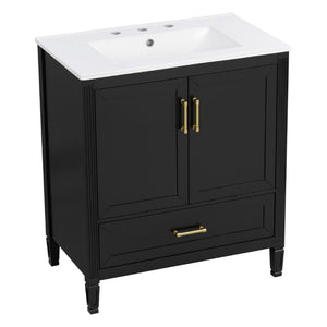 English Elm Video 30 Inch Fluted Bathroom Vanity with Ceramic Sink Soft Close Storage Gold Hardware Black N759P437582B