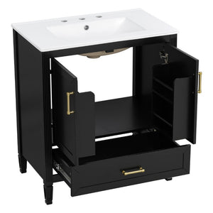 English Elm Video 30 Inch Fluted Bathroom Vanity with Ceramic Sink Soft Close Storage Gold Hardware Black N759P437582B