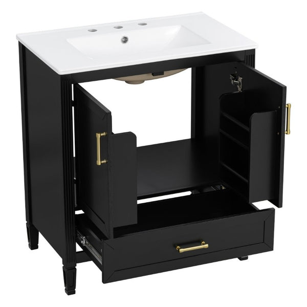 English Elm Video 30 Inch Fluted Bathroom Vanity with Ceramic Sink Soft Close Storage Gold Hardware Black N759P437582B