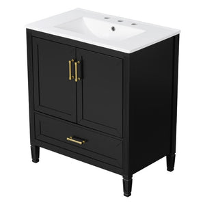 English Elm Video 30 Inch Fluted Bathroom Vanity with Ceramic Sink Soft Close Storage Gold Hardware Black N759P437582B