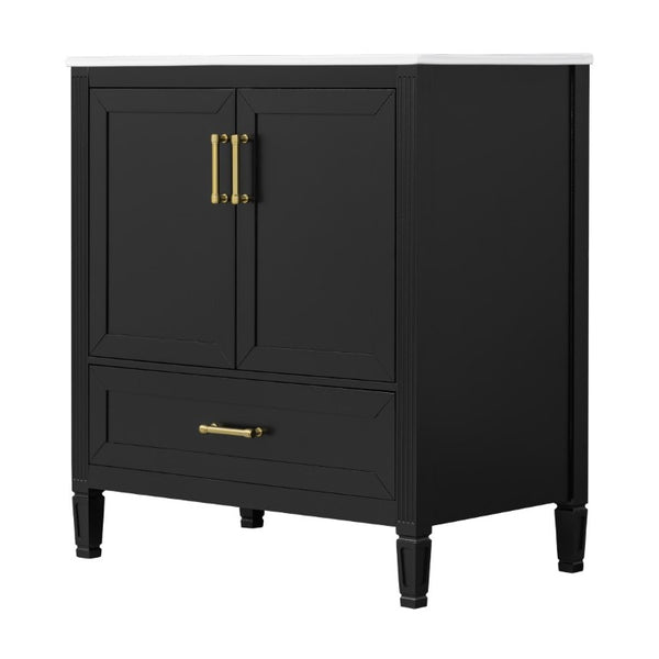 English Elm Video 30 Inch Fluted Bathroom Vanity with Ceramic Sink Soft Close Storage Gold Hardware Black N759P437582B