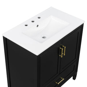 English Elm Video 30 Inch Fluted Bathroom Vanity with Ceramic Sink Soft Close Storage Gold Hardware Black N759P437582B