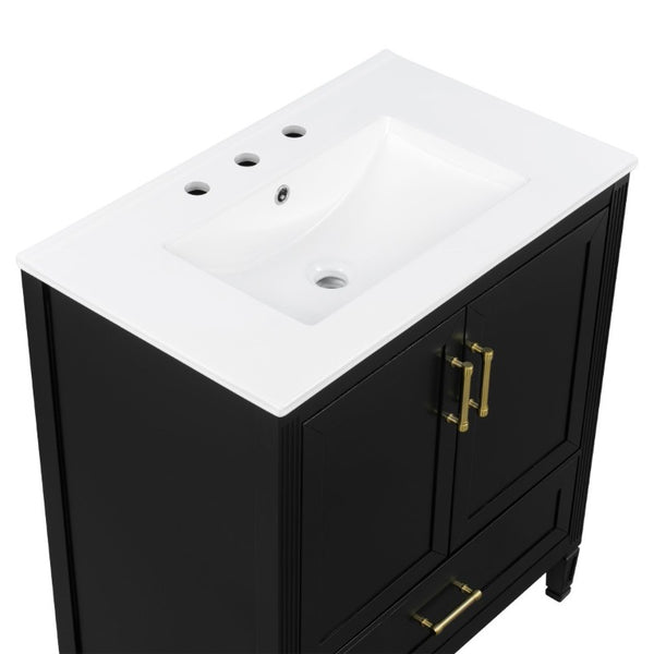 English Elm Video 30 Inch Fluted Bathroom Vanity with Ceramic Sink Soft Close Storage Gold Hardware Black N759P437582B