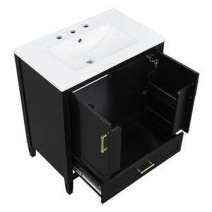 English Elm Video 30 Inch Fluted Bathroom Vanity with Ceramic Sink Soft Close Storage Gold Hardware Black N759P437582B