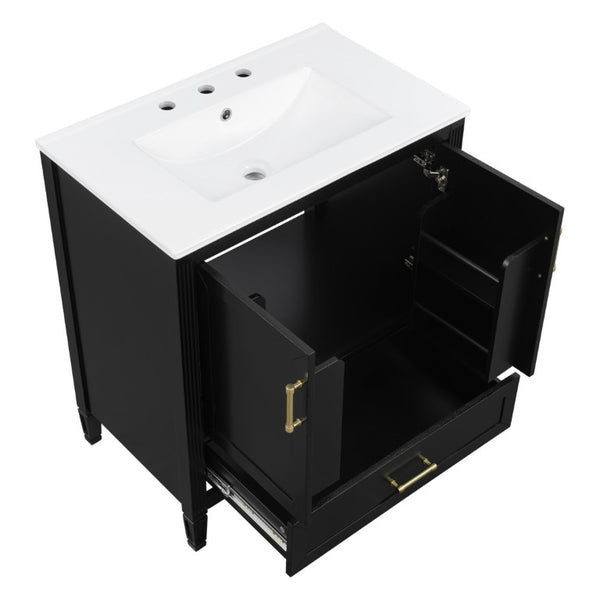 English Elm Video 30 Inch Fluted Bathroom Vanity with Ceramic Sink Soft Close Storage Gold Hardware Black N759P437582B