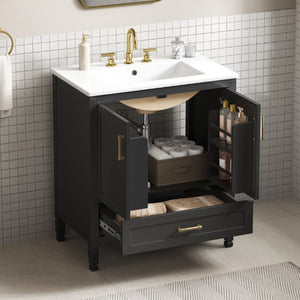 English Elm Video 30 Inch Fluted Bathroom Vanity with Ceramic Sink Soft Close Storage Gold Hardware Black N759P437582B