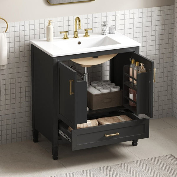 English Elm Video 30 Inch Fluted Bathroom Vanity with Ceramic Sink Soft Close Storage Gold Hardware Black N759P437582B