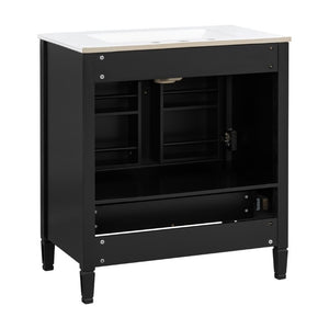 English Elm Video 30 Inch Fluted Bathroom Vanity with Ceramic Sink Soft Close Storage Gold Hardware Black N759P437582B