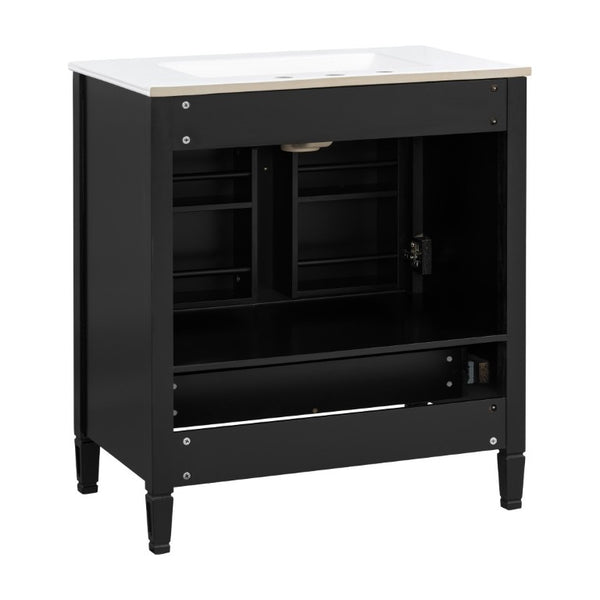 English Elm Video 30 Inch Fluted Bathroom Vanity with Ceramic Sink Soft Close Storage Gold Hardware Black N759P437582B