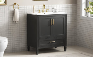 English Elm Video 30 Inch Fluted Bathroom Vanity with Ceramic Sink Soft Close Storage Gold Hardware Black N759P437582B