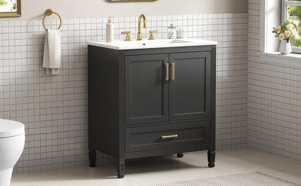 English Elm Video 30 Inch Fluted Bathroom Vanity with Ceramic Sink Soft Close Storage Gold Hardware Black N759P437582B