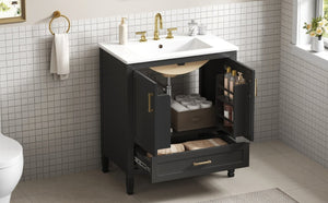 English Elm Video 30 Inch Fluted Bathroom Vanity with Ceramic Sink Soft Close Storage Gold Hardware Black N759P437582B
