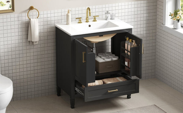 English Elm Video 30 Inch Fluted Bathroom Vanity with Ceramic Sink Soft Close Storage Gold Hardware Black N759P437582B