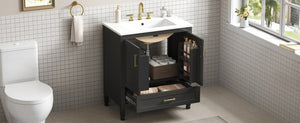 English Elm Video 30 Inch Fluted Bathroom Vanity with Ceramic Sink Soft Close Storage Gold Hardware Black N759P437582B
