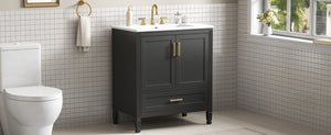 English Elm Video 30 Inch Fluted Bathroom Vanity with Ceramic Sink Soft Close Storage Gold Hardware Black N759P437582B