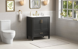 English Elm Video 30 Inch Fluted Bathroom Vanity with Ceramic Sink Soft Close Storage Gold Hardware Black N759P437582B