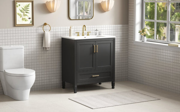 English Elm Video 30 Inch Fluted Bathroom Vanity with Ceramic Sink Soft Close Storage Gold Hardware Black N759P437582B