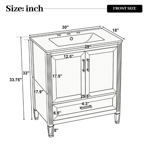 English Elm Video 30 Inch Fluted Bathroom Vanity with Ceramic Sink Soft Close Storage Gold Hardware Black N759P437582B