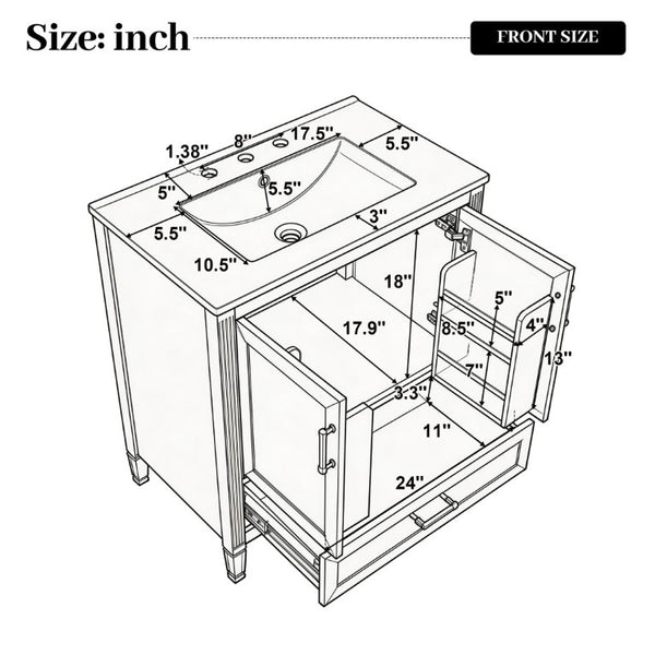 English Elm Video 30 Inch Fluted Bathroom Vanity with Ceramic Sink Soft Close Storage Gold Hardware Black N759P437582B